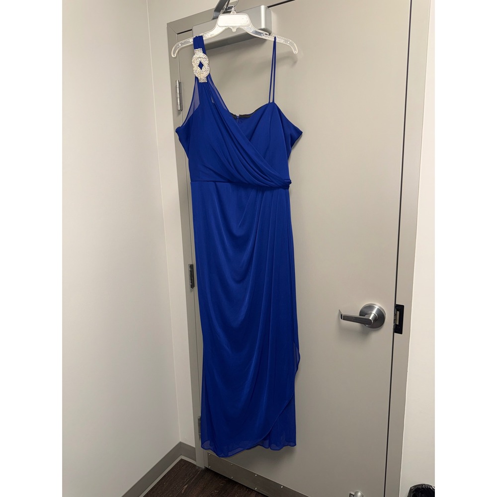 Xscape Woman Royal Blue One Shoulder Rhinestone Brooch Gown Dress Plus Size 22W